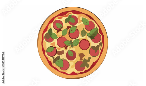 Whole pepperoni and basil pizza vector illustration top view delicious Italian food isolated on white background