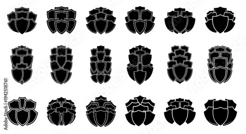 Collection of 20 unique black beetle icons with white outlines on a plain white background for design and decoration purposes