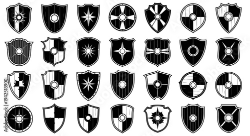 Collection of black and white heraldic shield icons with various symbols and designs on white background for logo or emblem use