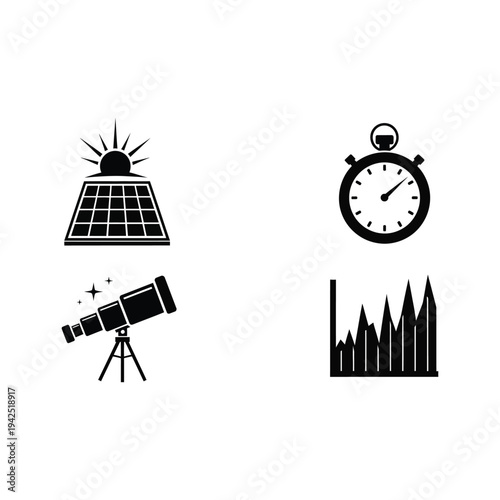 Scientific instruments and data analysis icons representing research and observation