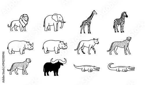 African Safari Wildlife Animal Outline Icon Set Vector