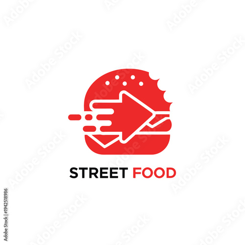 Red bitten burger icon with motion arrow for fast delivery service and street food branding design