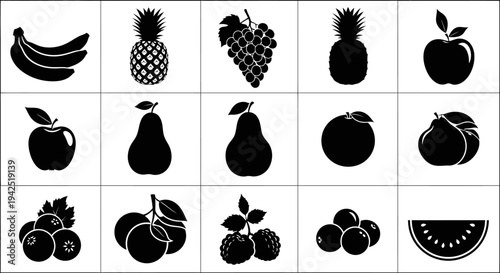 Collection of assorted fruit icons in black silhouette on white background for design and decoration
