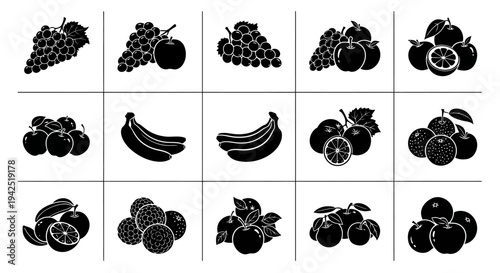 Collection of various fruit icons in black silhouette on white background for design and decoration