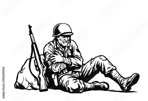 Wounded Soldier Sitting on Ground Military Black and White Vector Illustration