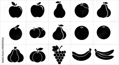 Collection of black fruit icons on white background including apples pears grapes and bananas