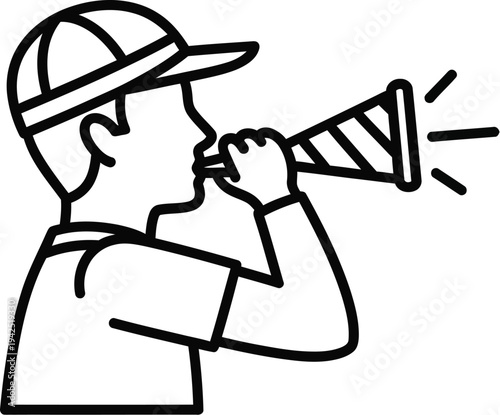 Simple outline icon depicting a person wearing a baseball cap blowing loudly into a megaphone or horn object