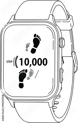 Illustration of a modern fitness smartwatch displaying the achievement of ten thousand steps counted for daily goals