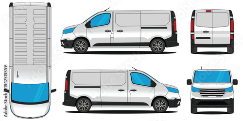 White delivery cargo van vector illustration showing multiple views including top, side, front, and rear perspectives on a white background.