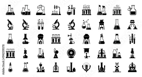 Collection of laboratory equipment icons including beakers test tubes microscopes on white background for science and research themes