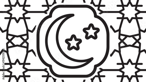 Minimal outline icon featuring crescent moon surrounded by decorative Ramadan lantern ornaments, symbolizing Islamic festive celebration.