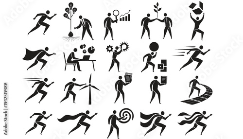 Set of black silhouette vector illustrations of people and women performing sports and fitness activities like running, jumping, tennis, dance and yoga