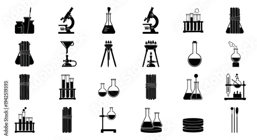 Collection of laboratory equipment icons including microscopes beakers test tubes and science tools on white background for research and education purposes