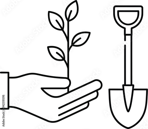 Line art illustration depicting a human hand carefully holding a small green seedling next to a garden shovel, symbolizing new growth, planting, and environmental care.