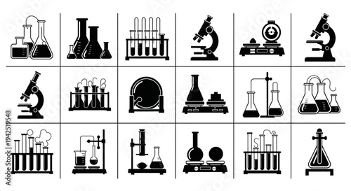 Collection of black and white laboratory equipment icons including microscopes beakers test tubes and flasks for science and research themes