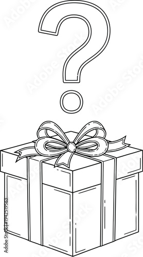 Outline drawing of a mystery gift box with a large question mark floating above it, representing an unknown surprise or prize.