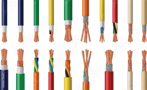 Electrical wires and copper cables collection with different insulation colors, electric power cable ends vector illustration set