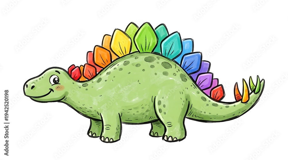 Fototapeta premium Cute cartoon green Stegosaurus with rainbow plates and spikes, smiling happily on a white background.