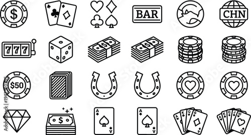 Casino and gambling outline icon set with poker cards, slot machine, dice, chips, money stacks, horseshoe and lucky symbols vector collection