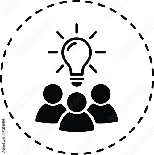 Creative team idea icon with light bulb and people in black silhouette flat vector style isolated on white background representing brainstorming collaboration concept