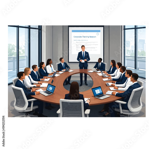an illustration of office with group of people in a meeting