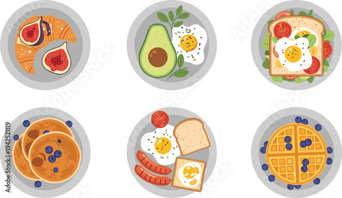 Breakfast Plate Icon Set with Croissant Avocado Toast Eggs Pancakes Waffles Bacon Blueberry Fig Tomato and Healthy Morning Meals for Cafe Menu and Food Designs