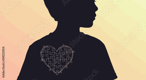 Silhouette of a young person wearing a shirt with a heart-shaped puzzle, symbolizing autism awareness, understanding, and special needs support.