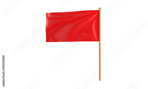 A red flag waving on a wooden pole against a black background