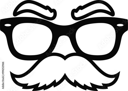 Stylish black and white vector illustration showcases iconic thick-rimmed glasses, distinct bushy eyebrows, and a classic curly mustache, perfect for character or logo design.