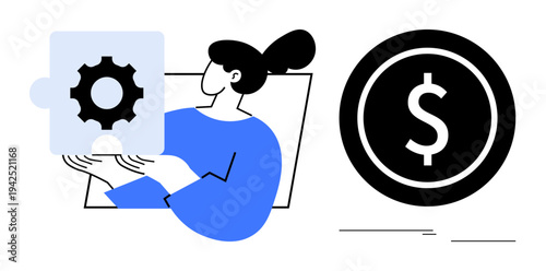 Woman holding gear-shaped puzzle piece near dollar coin, symbolizing problem-solving, business strategy, financial management, innovation, teamwork, cost efficiency, and goal setting. Minimal flat