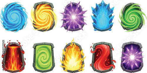 Fantasy magic portals collection with fire, water, energy and vortex effects, colorful game portal icons vector set