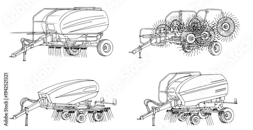 Collection of agricultural baler machine illustrations, showcasing different models and their components for farming operations