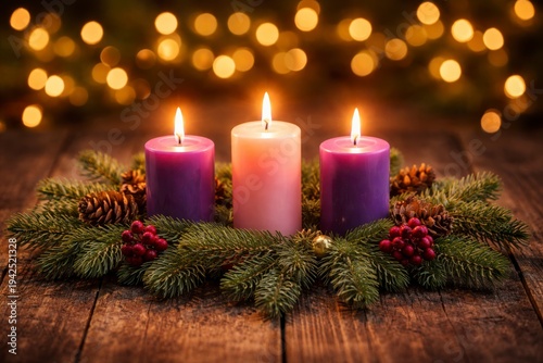 Three glowing candles in pink and purple stand amid lush fir branches, pinecones, and red berries on rustic wood, evoking a warm, peaceful Advent and Christmas ambiance.