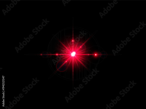 Brilliant red star flare with sharp radiating rays glowing on black background, intense lens burst abstract futuristic digital wallpaper

