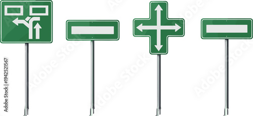Green highway road direction signs collection with arrows and traffic information boards vector illustration set