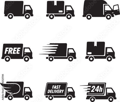 Express delivery trucks vector glyph icons set