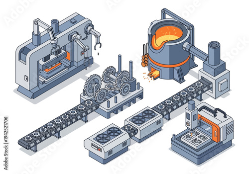 Isometric vector concept of a smart factory production line showing automated industrial manufacturing