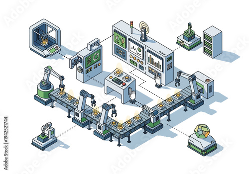 Advanced automated factory production line with robotic arms and 3D printer technology