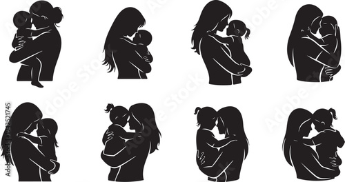 Mother and child silhouettes in various loving embrace poses