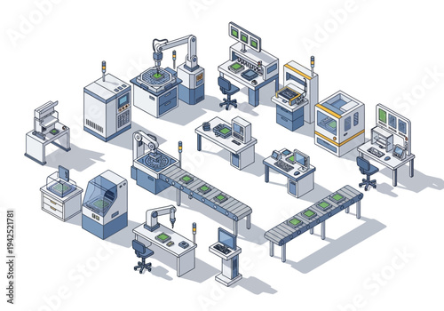Isometric illustration of a modern smart factory production line with automated robotic arms assembling electronic components and quality control equipment