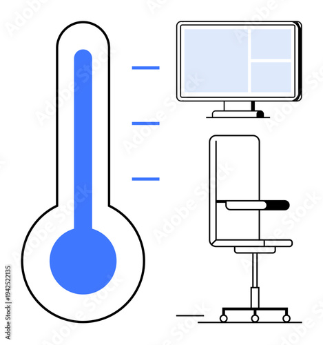 Workplace comfort, ergonomics, productivity, climate control, office technology, and modern design. Blue thermometer next to an office chair and computer monitor. Workplace comfort and ergonomics
