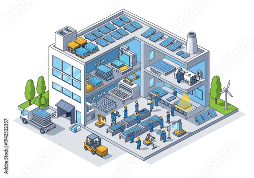 Isometric Illustration of a Modern Smart Factory Utilizing Solar Energy for Sustainable Production and Advanced Automation