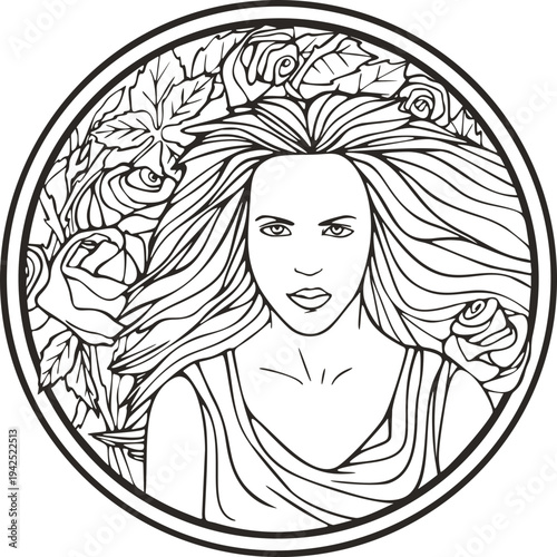 Beautiful woman portrait with roses, vector series. Elegant young female in natural background. Art deco girls series. Great for art projects, beauty, fashion and wedding designs, coloring booklets.