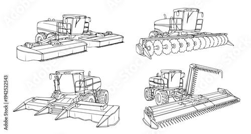 Collection of detailed line art illustrations featuring various heavy agricultural vehicles and modern farming machinery designed for industrial crop production and efficient field work