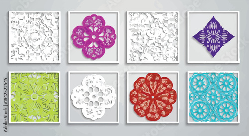 Set of 8 Decorative Vector Lace Doily Patterns and Abstract Floral Designs in White Frames for Elegant Backgrounds and Graphic Elements