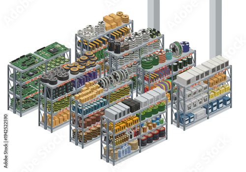 Industrial storage shelves filled with various products and electronic components, illustrating logistics and inventory management