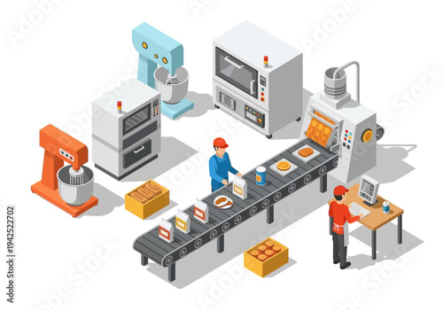 Industrial food production line concept showing an automated workflow with machinery and operators