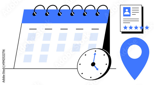 Calendar page, analog clock, location pin, and profile card with rating stars. Ideal for scheduling, planning, time management, recruitment, event organization appointments and deadlines
