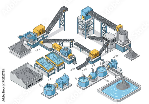 Automated manufacturing process with industrial equipment, conveyor systems, and a production workflow diagram