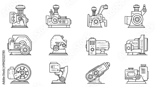 Diverse Engineering Machinery Concept Line Icons Representing Power Systems, Pump Mechanisms, and Industrial Components in a Clean Vector Set for Technical Design